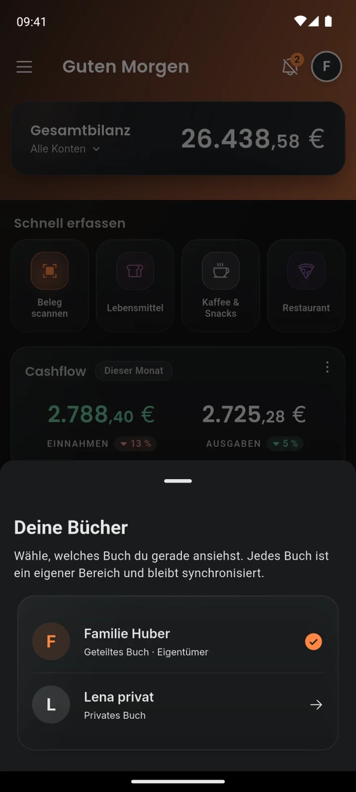 Auswahl der Bücher: ein geteiltes Buch für den Haushalt und ein privates Buch