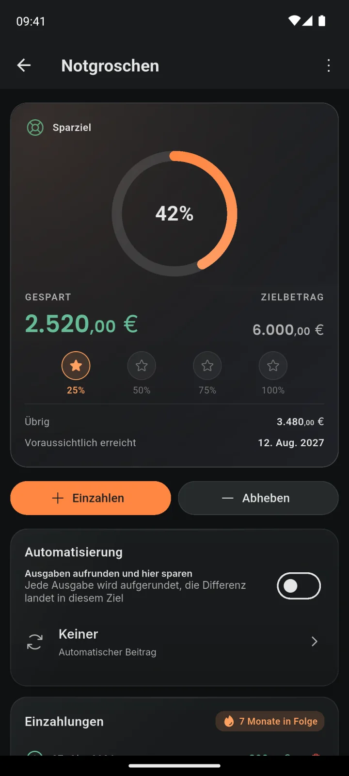 Sparziel mit Fortschrittsring, Meilensteinen, Einzahlen und Aufrunden