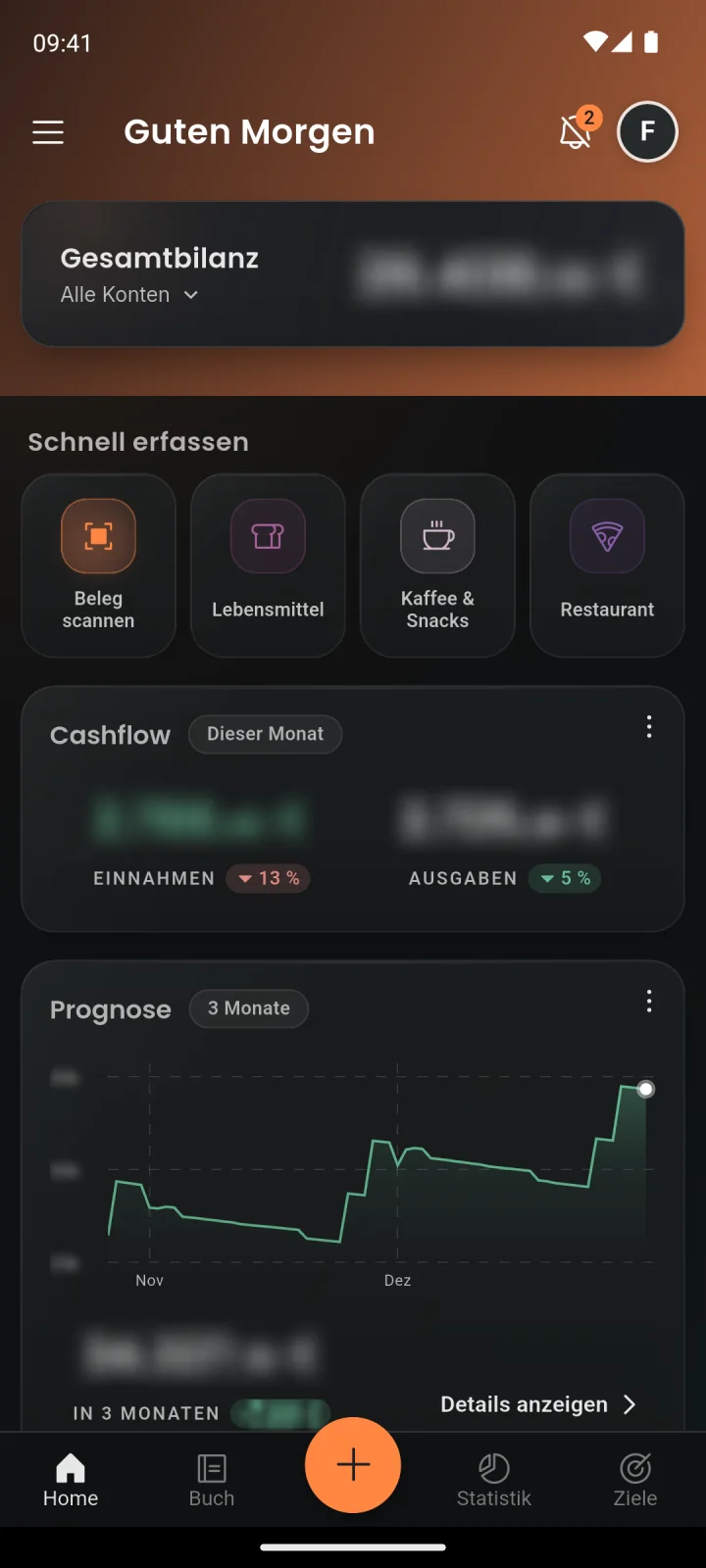 Startseite mit verschwommenen Beträgen