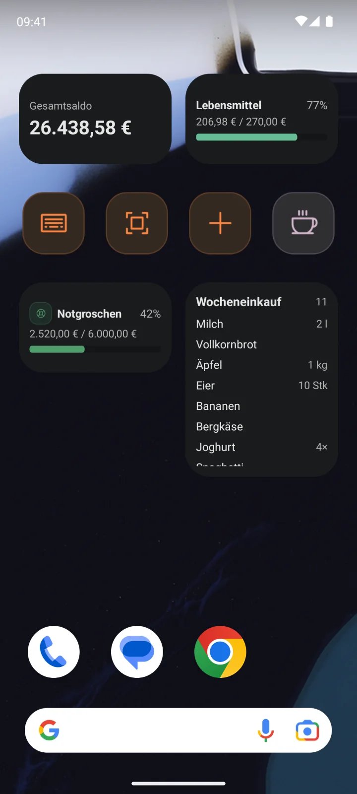 Android-Homescreen mit acht Money-Koi-Widgets: Saldo, Budget, Sparziel, Einkaufsliste und vier Knöpfe zum Buchen und Scannen