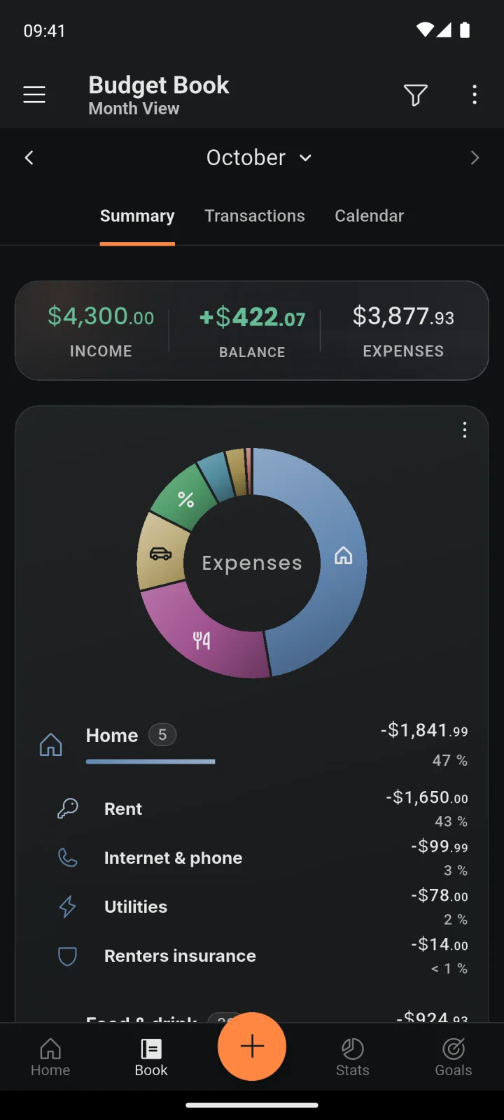 Budget book for October: income, expenses and balance, with expenses by category in a donut chart