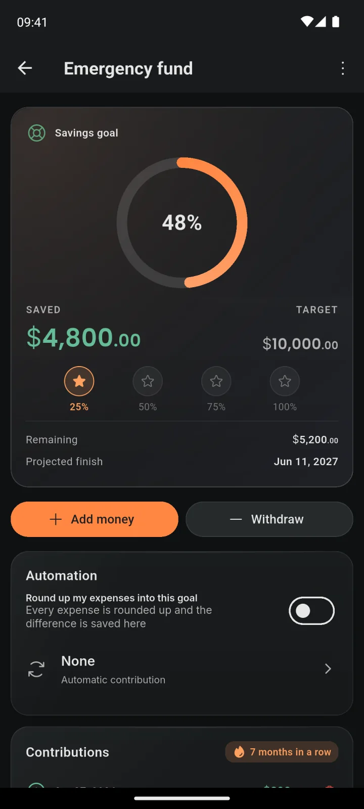 A savings goal with its progress ring, milestones, deposits and round-ups