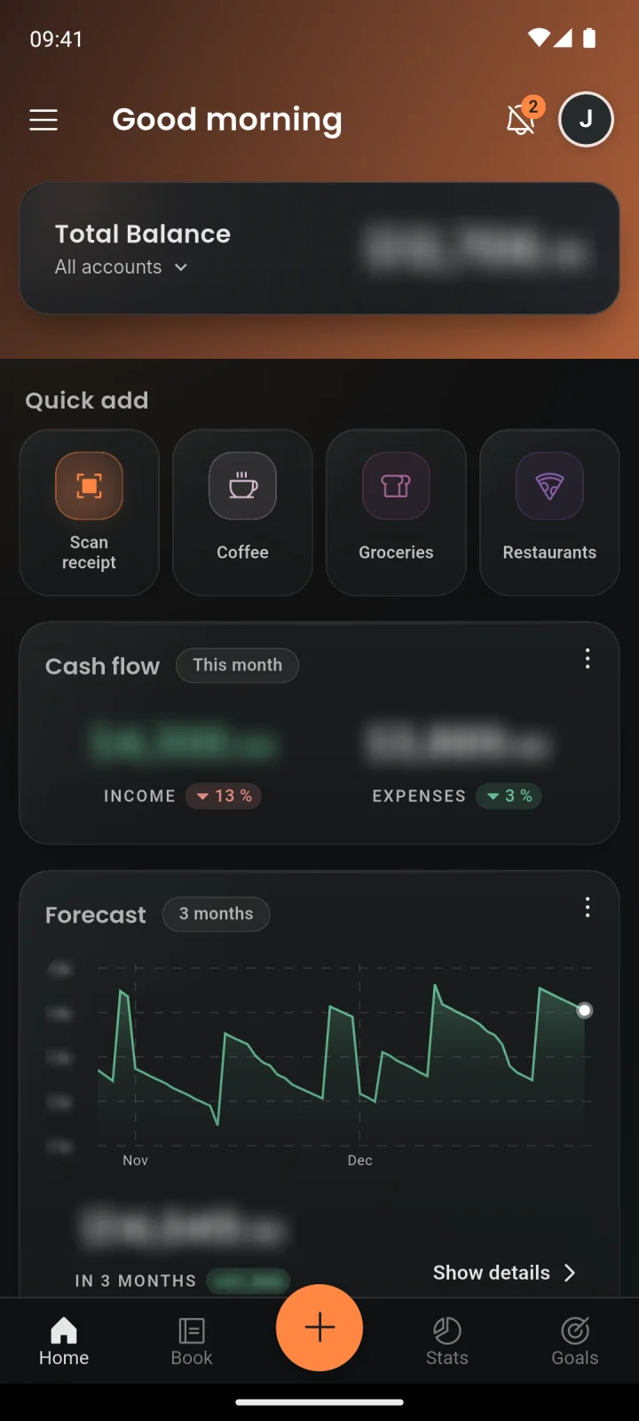 Home screen with every amount blurred