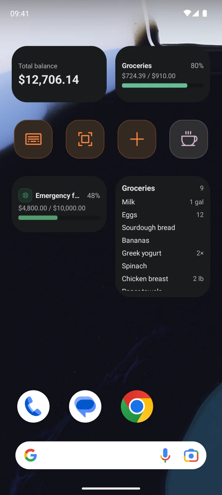 Android home screen with eight Money Koi widgets: balance, budget, savings goal, shopping list and four buttons for booking and scanning
